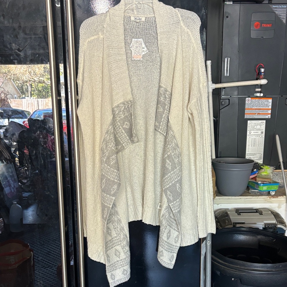 Mudd Cream Open-Front Draped Cardigan with Patterned Trim